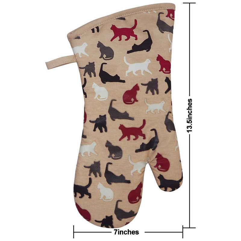 RED LMLDETA Oven Mitts Gloves 1 Pair Heat Resistant 480 â„‰ Non Slip Clear Silicone Printed Comfortable Cotton Lining Kitchen Women Men Cooking Barbecue Microwave Machine Washable (Cat, Khaki Mittens) - Image 2